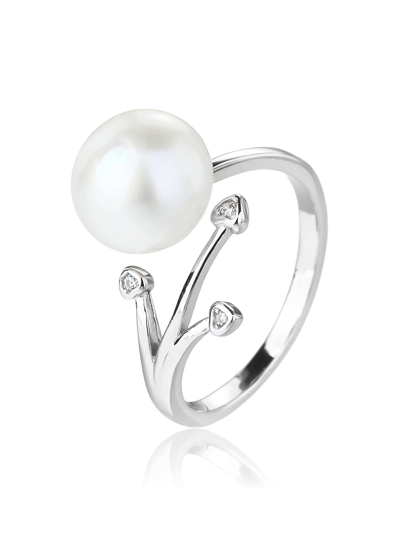 Ring mit weißer Zuchtperle aus Süßwasser und Zirkonia im Zweigmuster