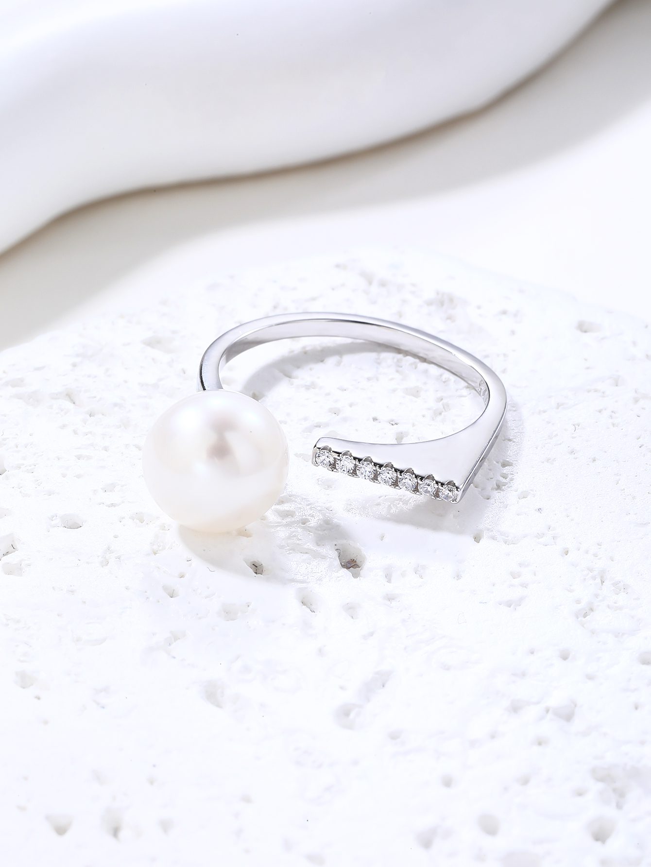 Open Ring with White Cultured Freshwater Pearls and Zirconia Stones 2