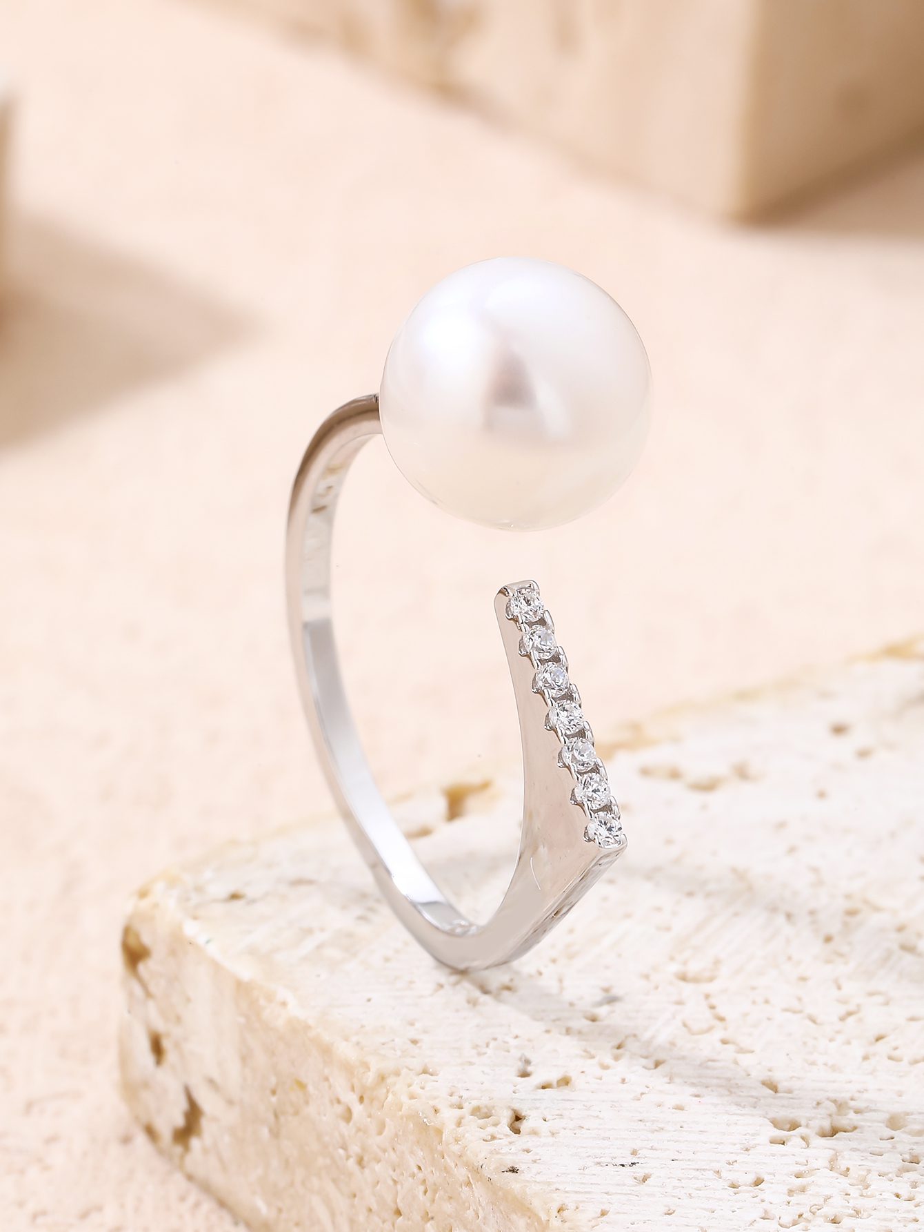 Open Ring with White Cultured Freshwater Pearls and Zirconia Stones 3