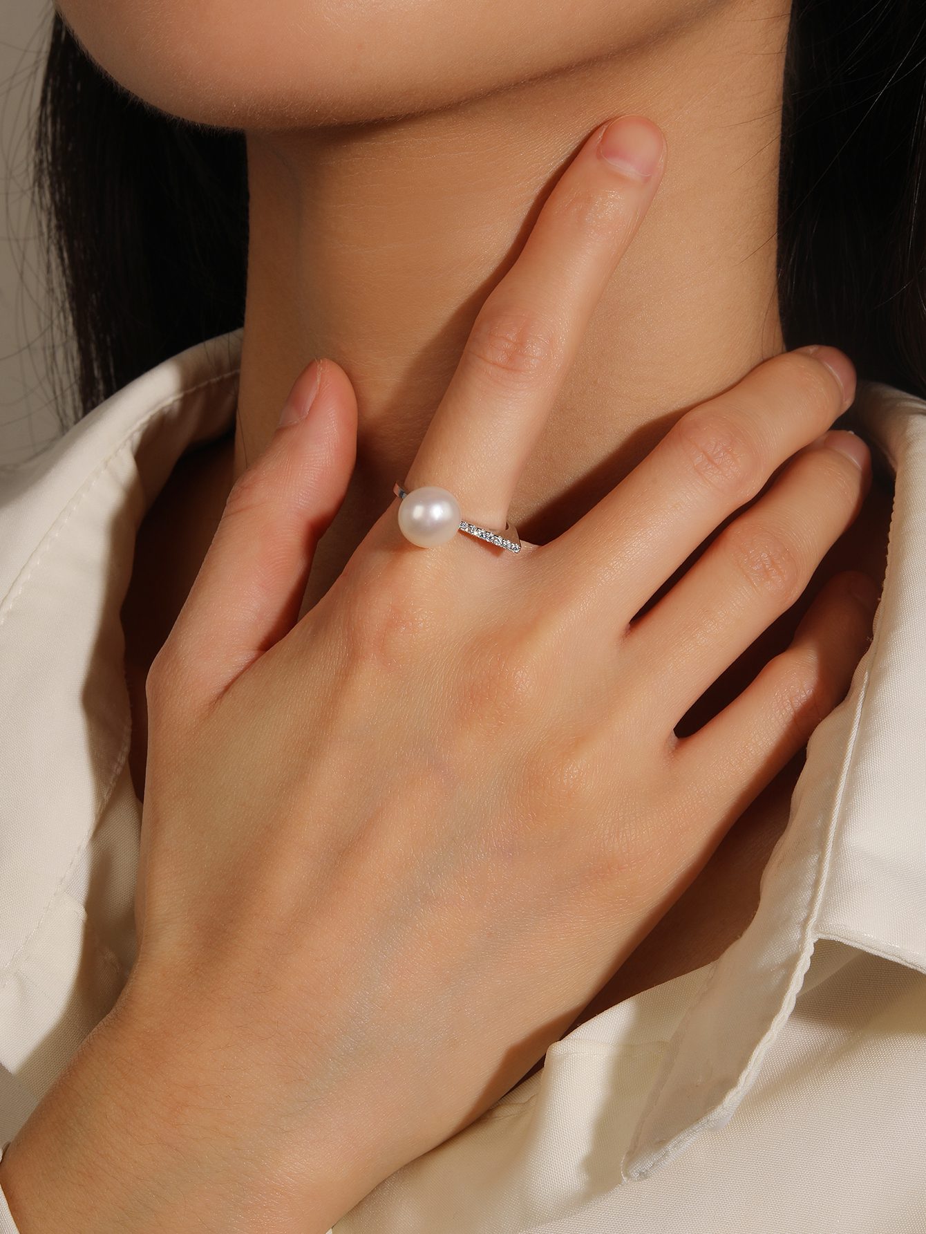Open Ring with White Cultured Freshwater Pearls and Zirconia Stones 5