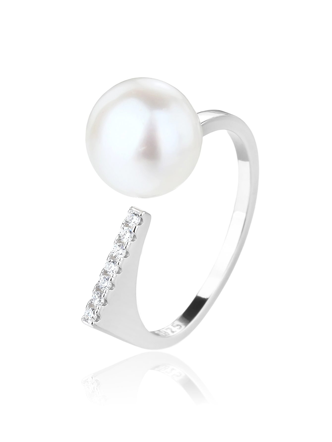 Open Ring with White Cultured Freshwater Pearl and Zirconia Stones