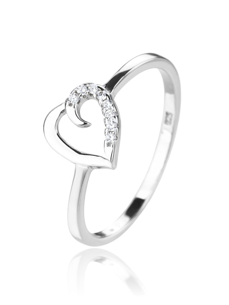 Heart-shaped ring with a zirconia stone, made of rhodium-plated 925 sterling silver