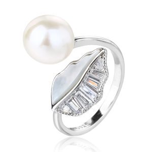Cultured Freshwater Pearl, Baguette-Cut Stone, and Mother-of-Pearl Inlay Silver Ring