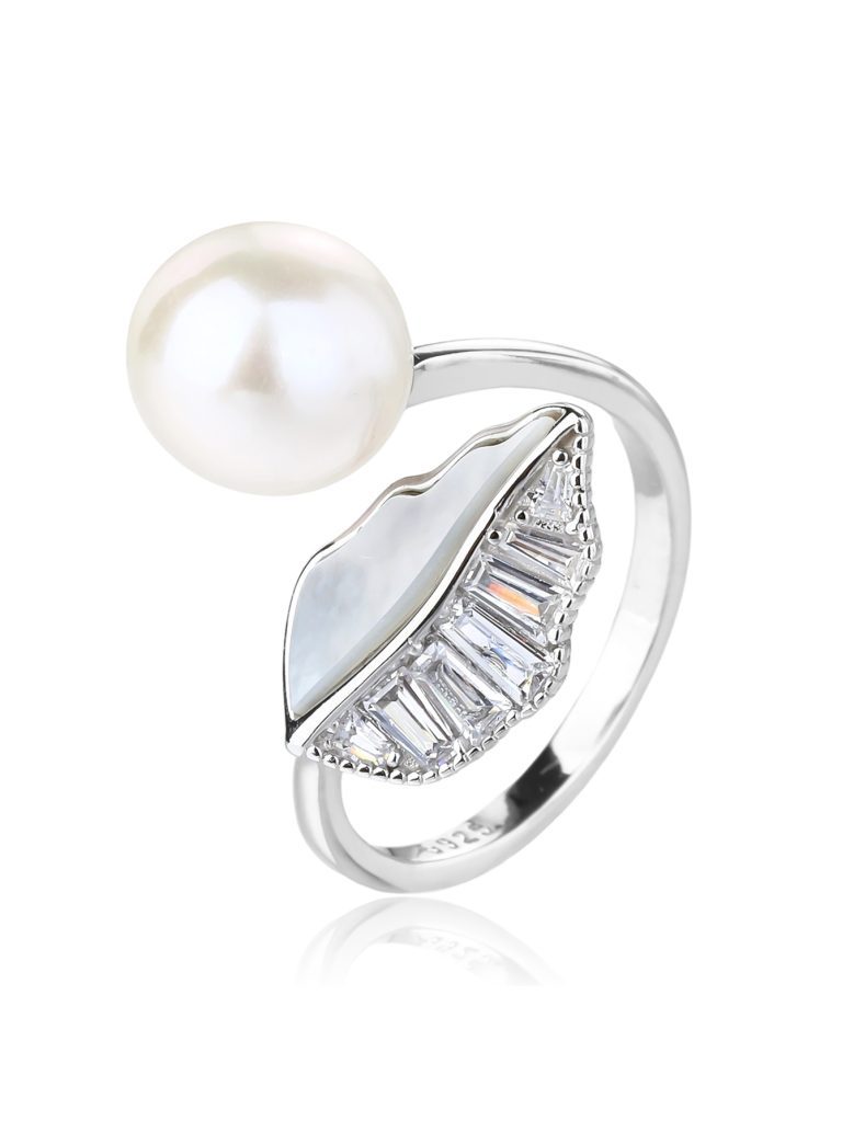 Cultured Freshwater Pearl, Baguette-Cut Stone, and Mother-of-Pearl Inlay Silver Ring