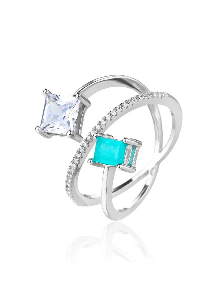 Designer Silver Ring with Turquoise and White Stones