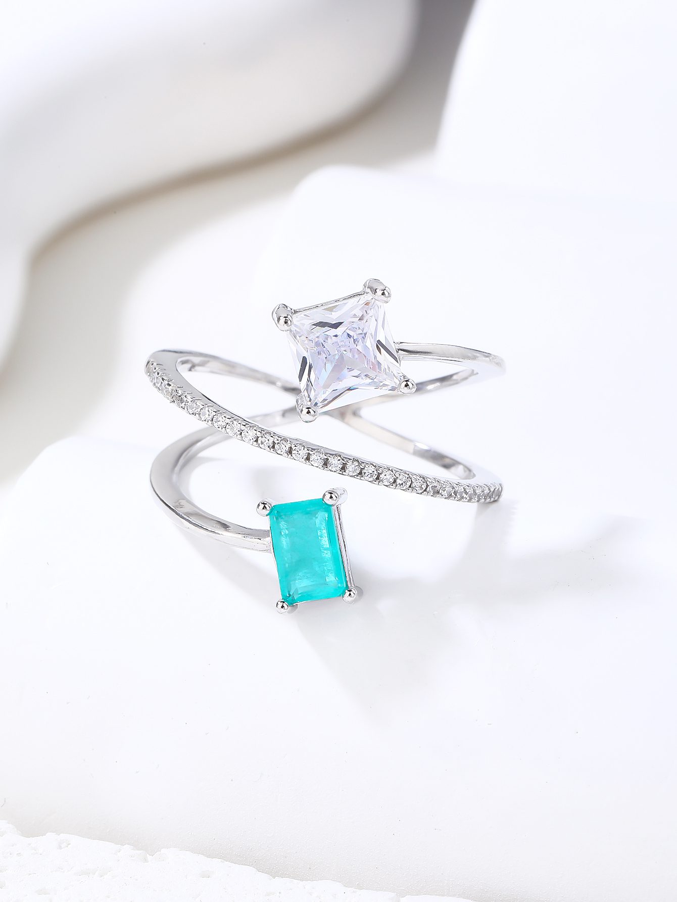 Designer Silver Ring with Turquoise and White Stones_3