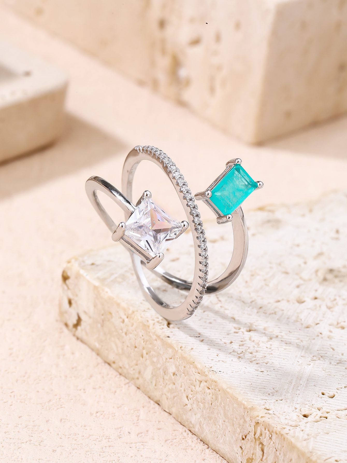 Designer Silver Ring with Turquoise and White Stones_4