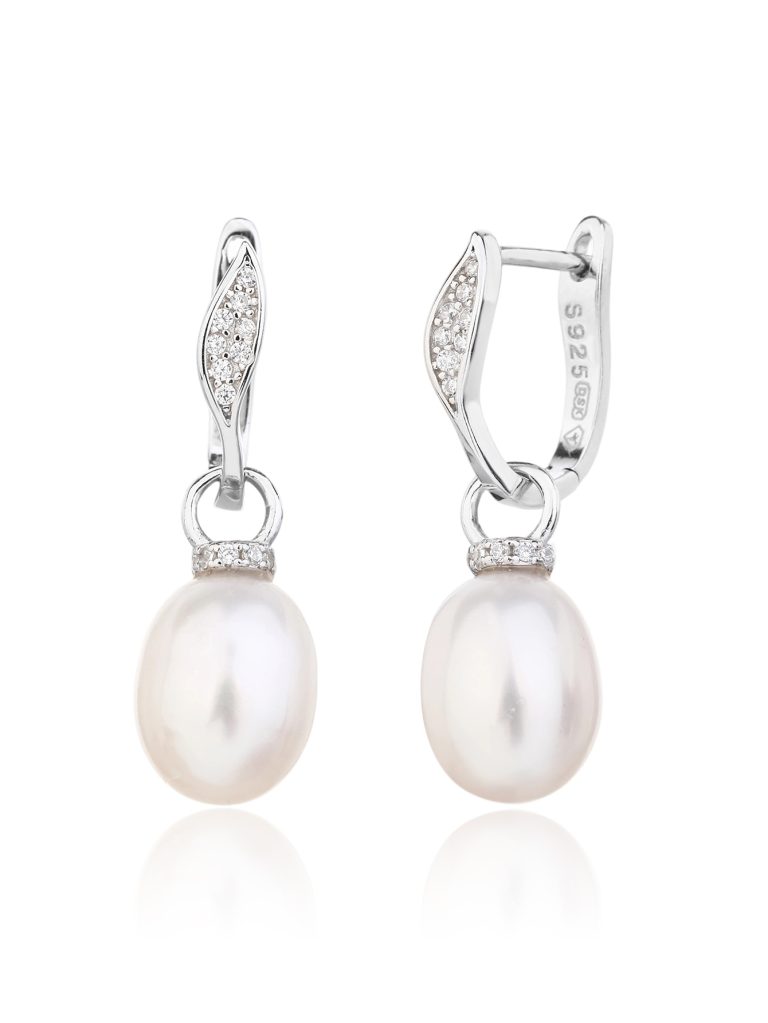 AG 925 silver earrings with natural freshwater pearls and cubic zirconia, rhodium-plated