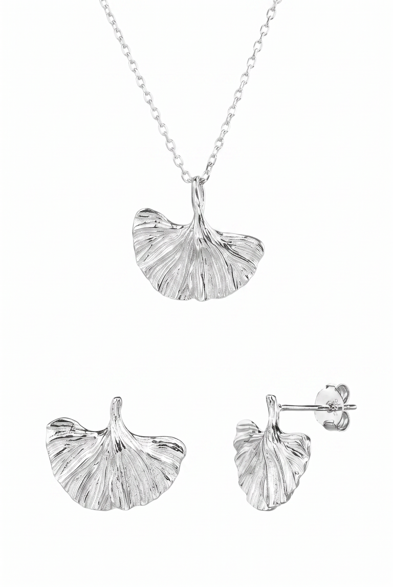 AG 925 Silver Ginkgo Leaf Jewelry Set, Rhodium-Plated