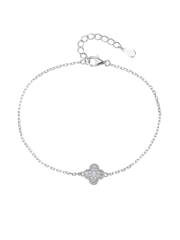 Armband aus 925er Silber in Form eines vierblättrigen Kleeblatts mit Zirkonia-Steinen und Rhodiumbeschichtung