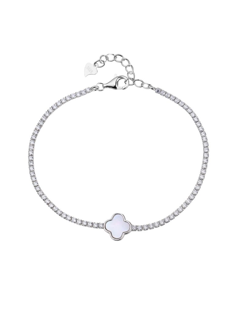 AG 925 silver four-leaf clover tennis bracelet with natural mother-of-pearl and rhodium plating