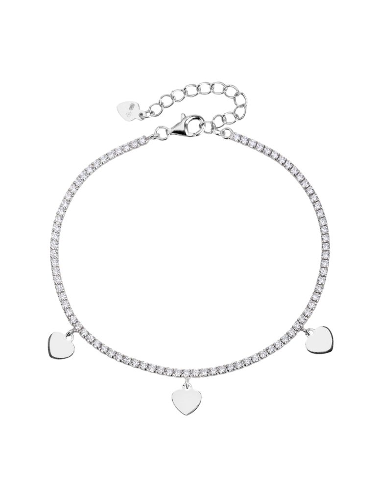 AG 925 silver heart-shaped charm tennis bracelet, rhodium-plated