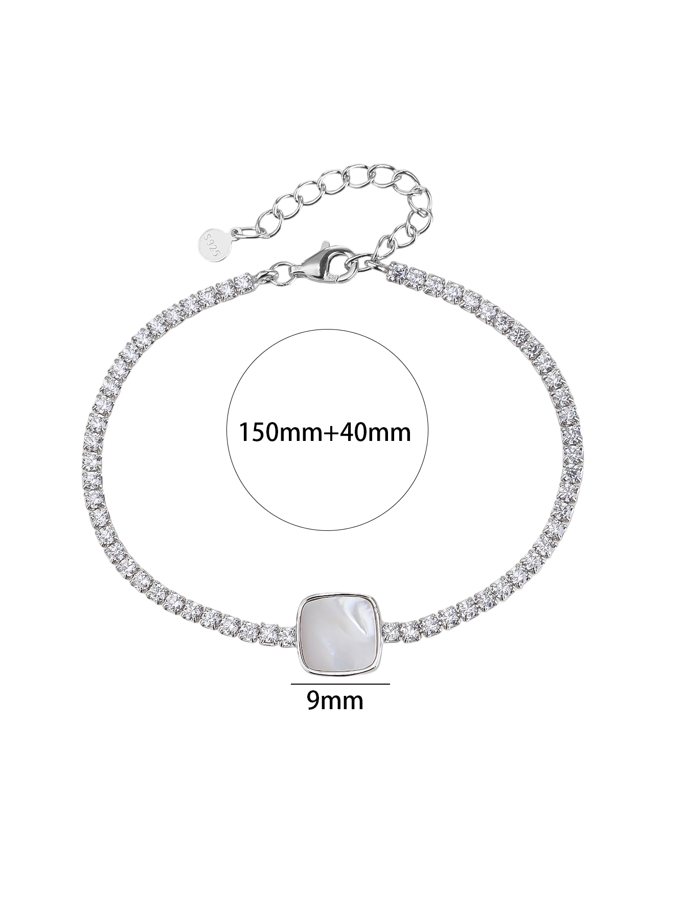 Tennisarmband aus AG 925-Silber mit eckigen Perlen aus natürlichem Perlmutt, rhodiniert, 4