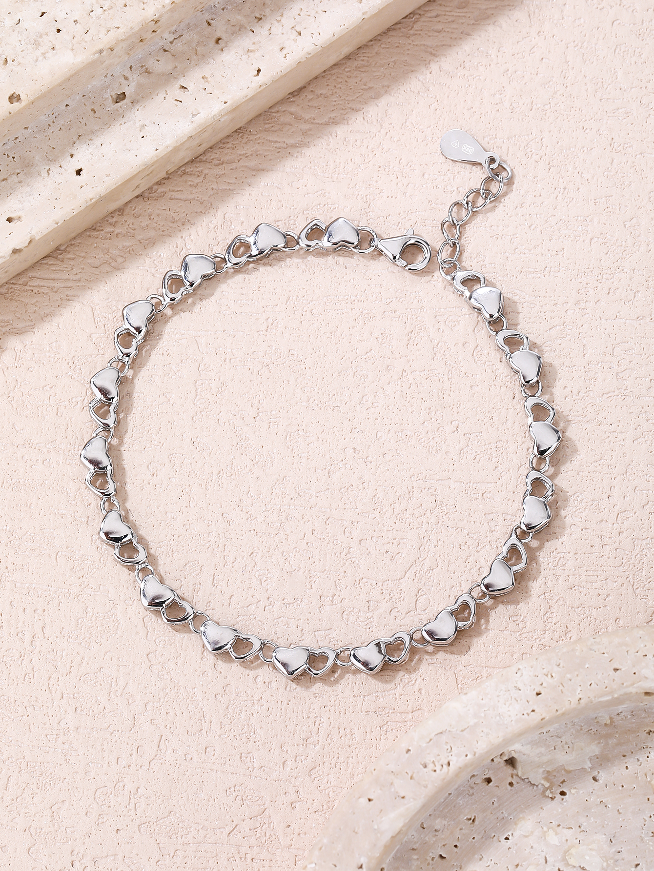 AG 925 Silver Solid-Heart Bracelet, Rhodium-Plated 3