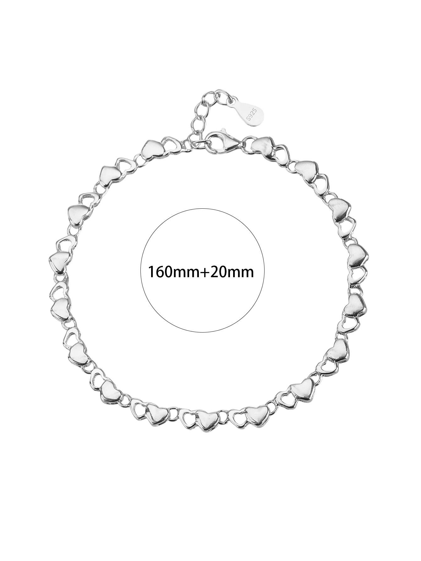 AG 925 Silver Solid-Heart Bracelet, Rhodium-Plated 5