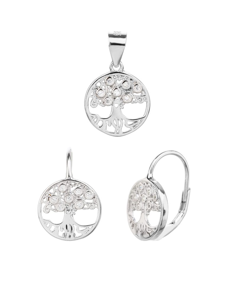 Tree of Life Pendant and Snap-Back Earring Set with White Zirconia, Made of Rhodium-Plated 925 Sterling Silver