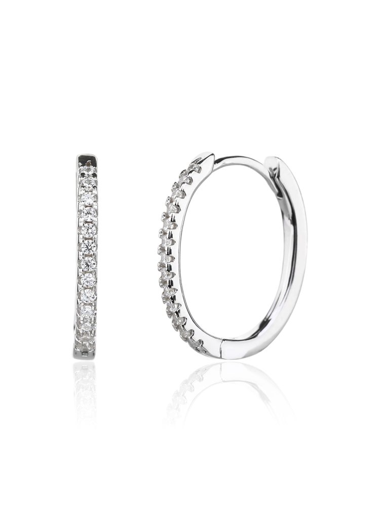 Silver hoop earrings with zirconia, rhodium-plated