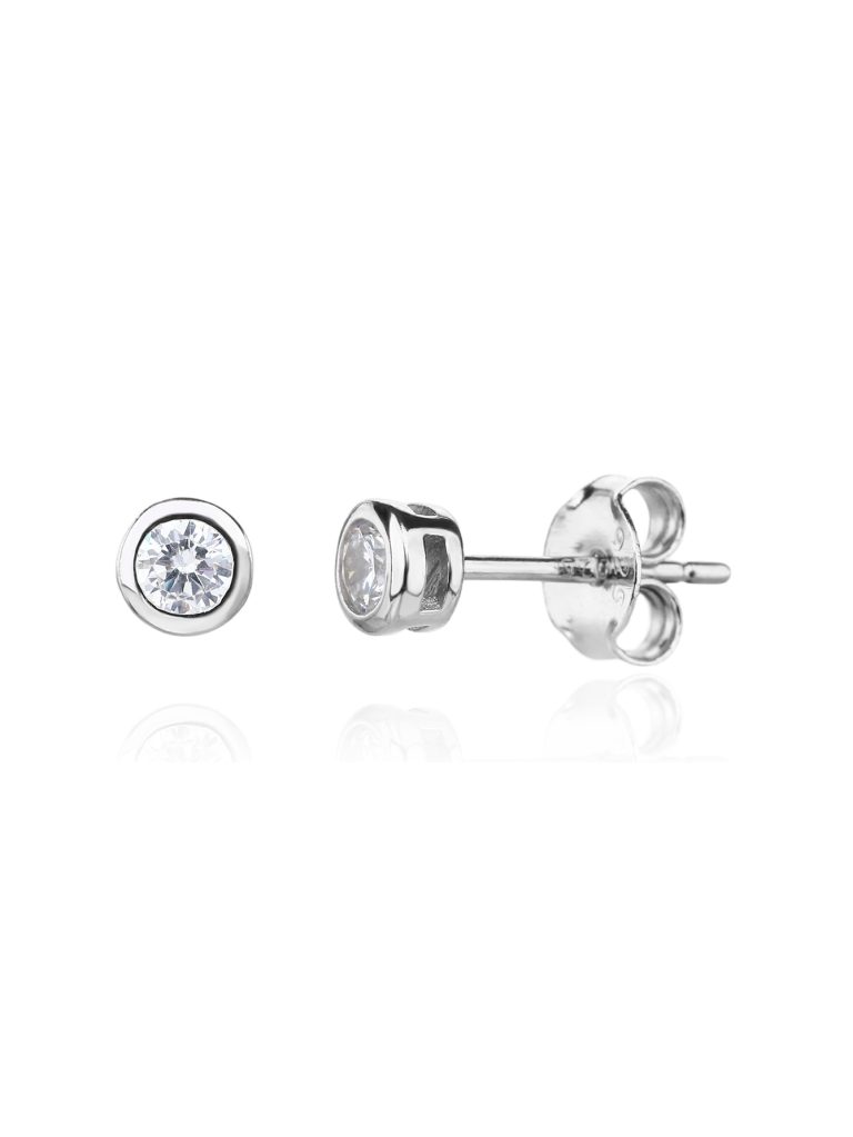 5mm button earrings with silver zirconia and a post, rhodium-plated