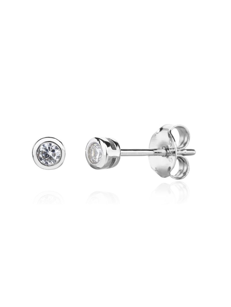 Silver stud earrings with cubic zirconia, rhodium-plated