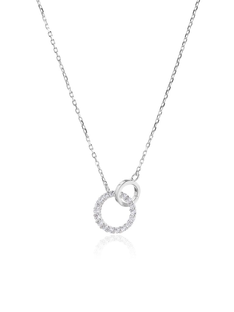 Silver necklace with double rings and cubic zirconia, rhodium-plated