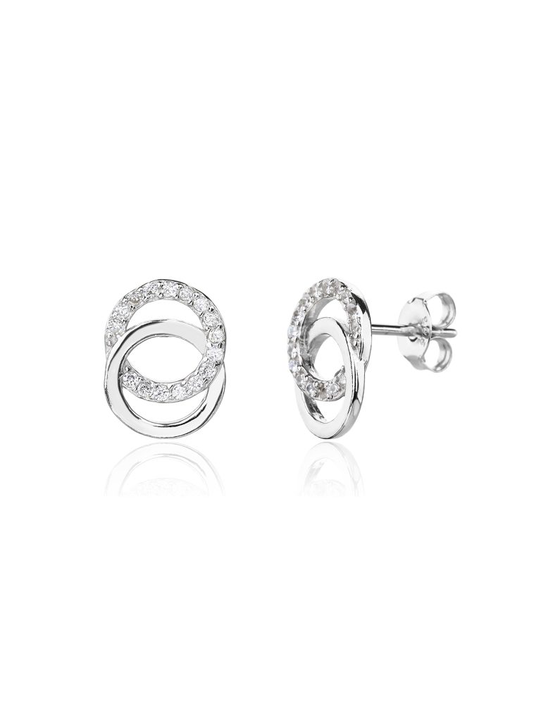 Silver clip-on earrings with a double-circle zirconia motif, rhodium-plated
