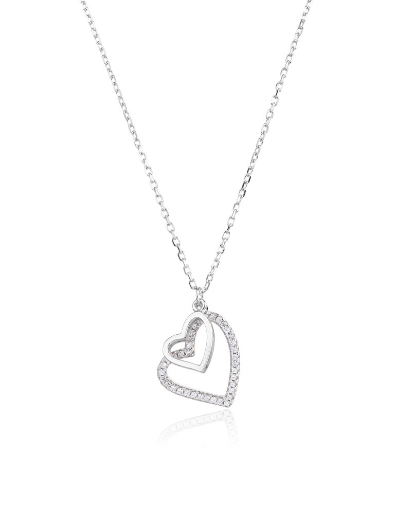 Silver necklace with a double-heart motif and cubic zirconia, rhodium-plated