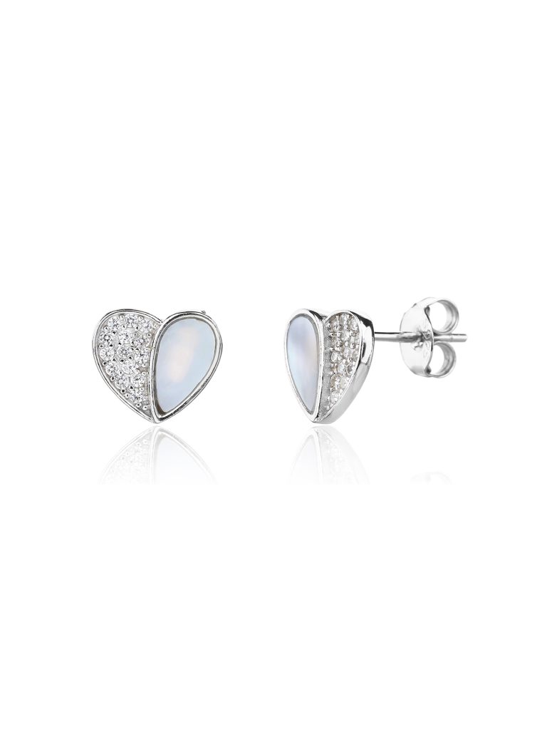 Silver half-heart earrings with mother-of-pearl inlays and stud backs, rhodium-plated