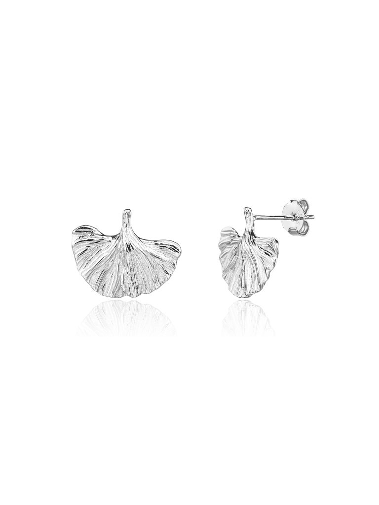Silver ginkgo leaf stud earrings with rhodium plating