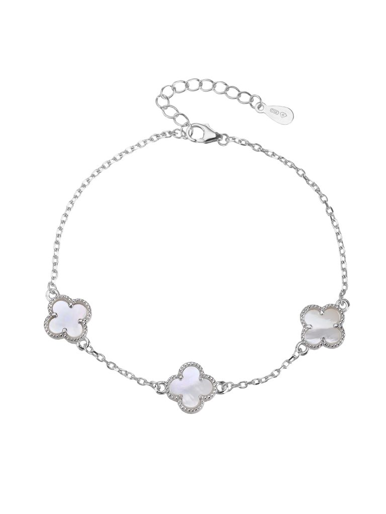 Silver bracelet with mother-of-pearl inlays featuring a four-leaf clover motif and three clovers, rhodium-plated