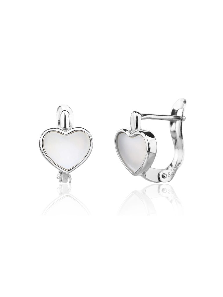 Silver earrings with mother-of-pearl inlays and a clasp, rhodium-plated