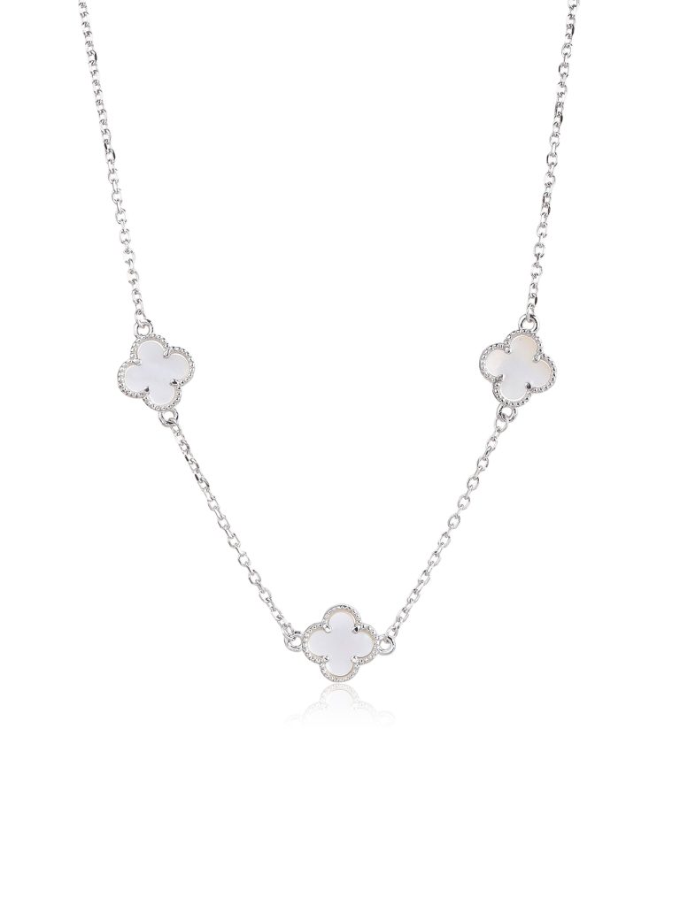 Silver necklace with three mother-of-pearl inlays and a four-leaf clover motif, rhodium-plated