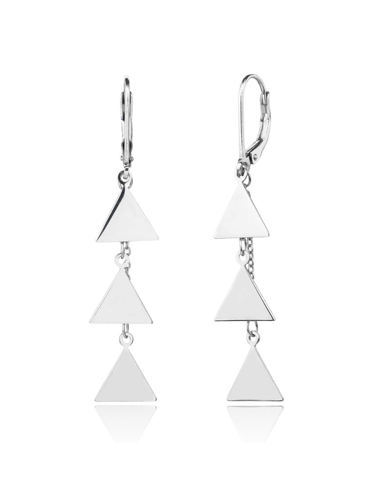 Silver triangle drop earrings with rhodium plating