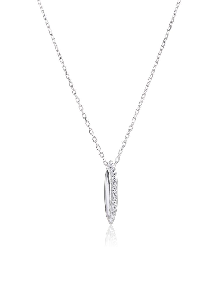 Silver, oblong zirconia pendant necklace with rhodium plating