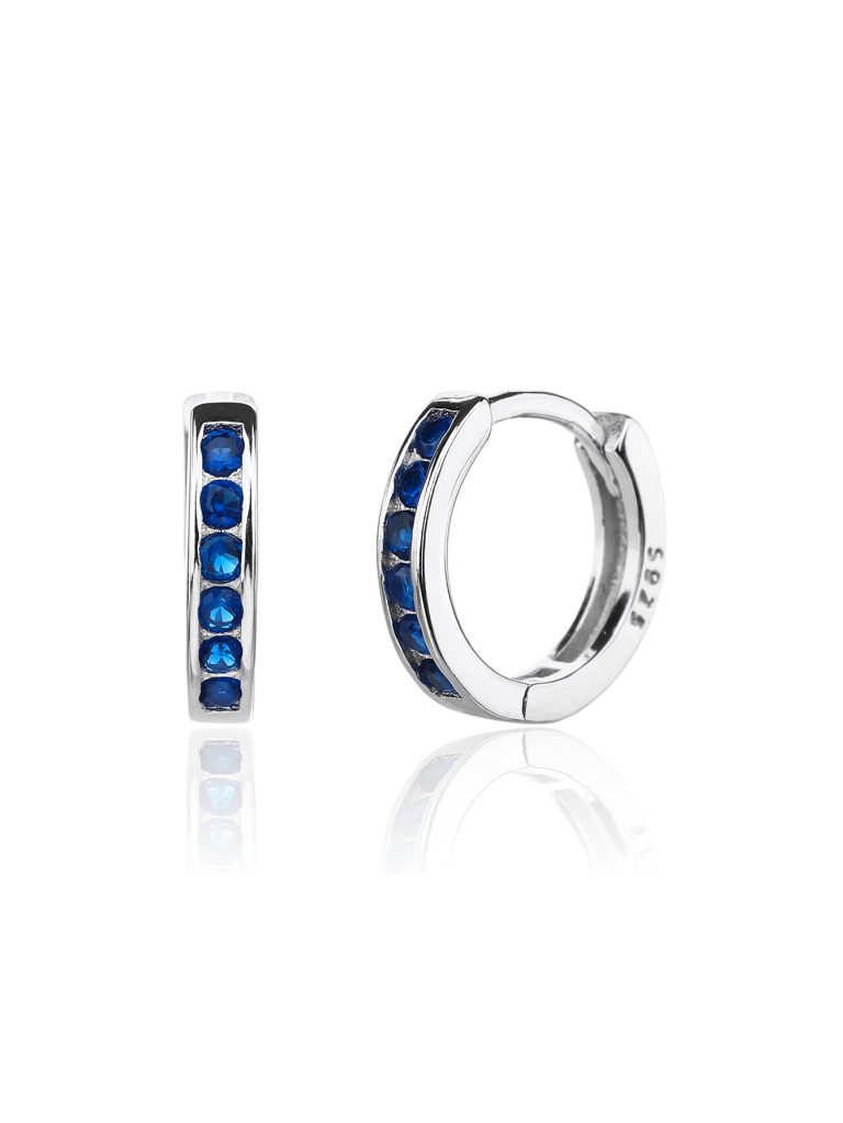 Silver hoop earrings with dark blue cubic zirconia, rhodium-plated