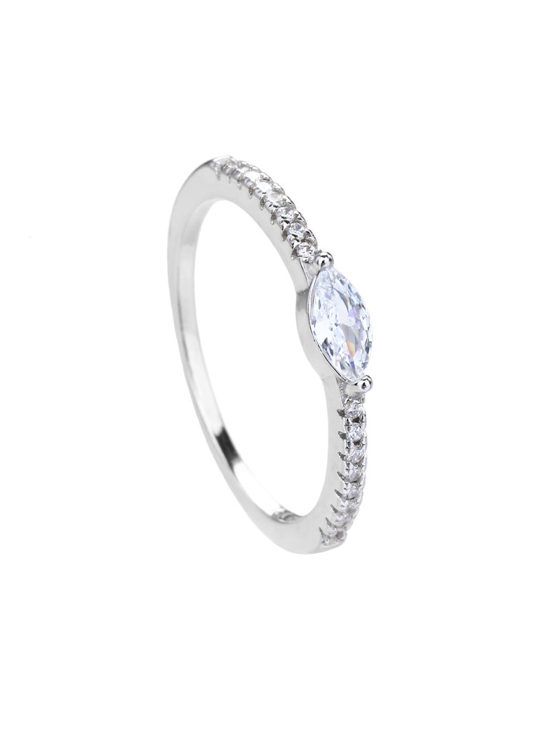 Silver navette-cut zirconia ring with a rhodium plating