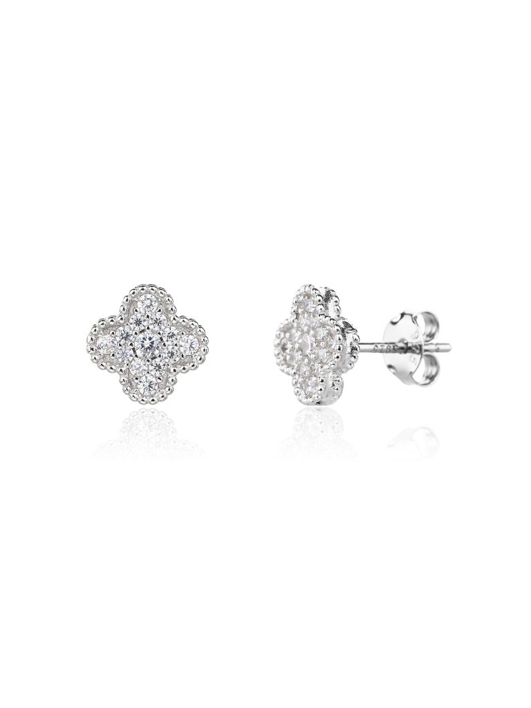 Silver stud earrings with a four-leaf clover motif set with cubic zirconia, rhodium-plated
