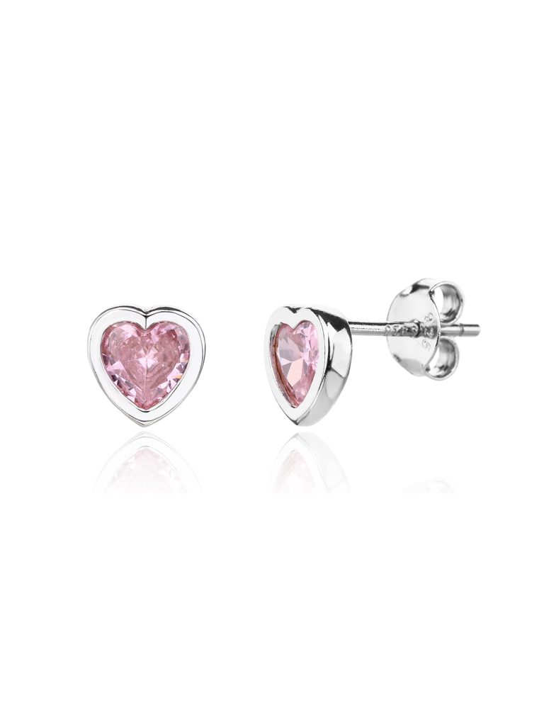 Silver and pink heart-shaped stud earrings with cubic zirconia, rhodium-plated