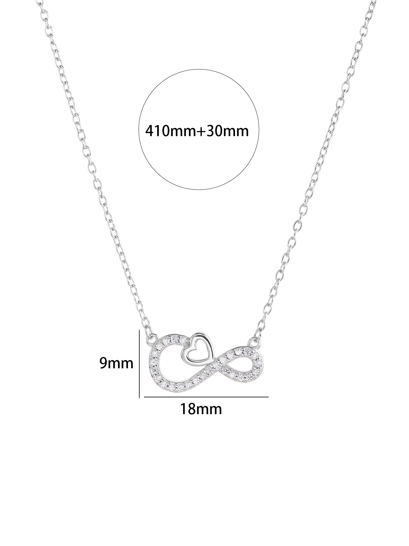 Silver necklace with infinity and heart motifs, set with cubic zirconia and rhodium-plated 5