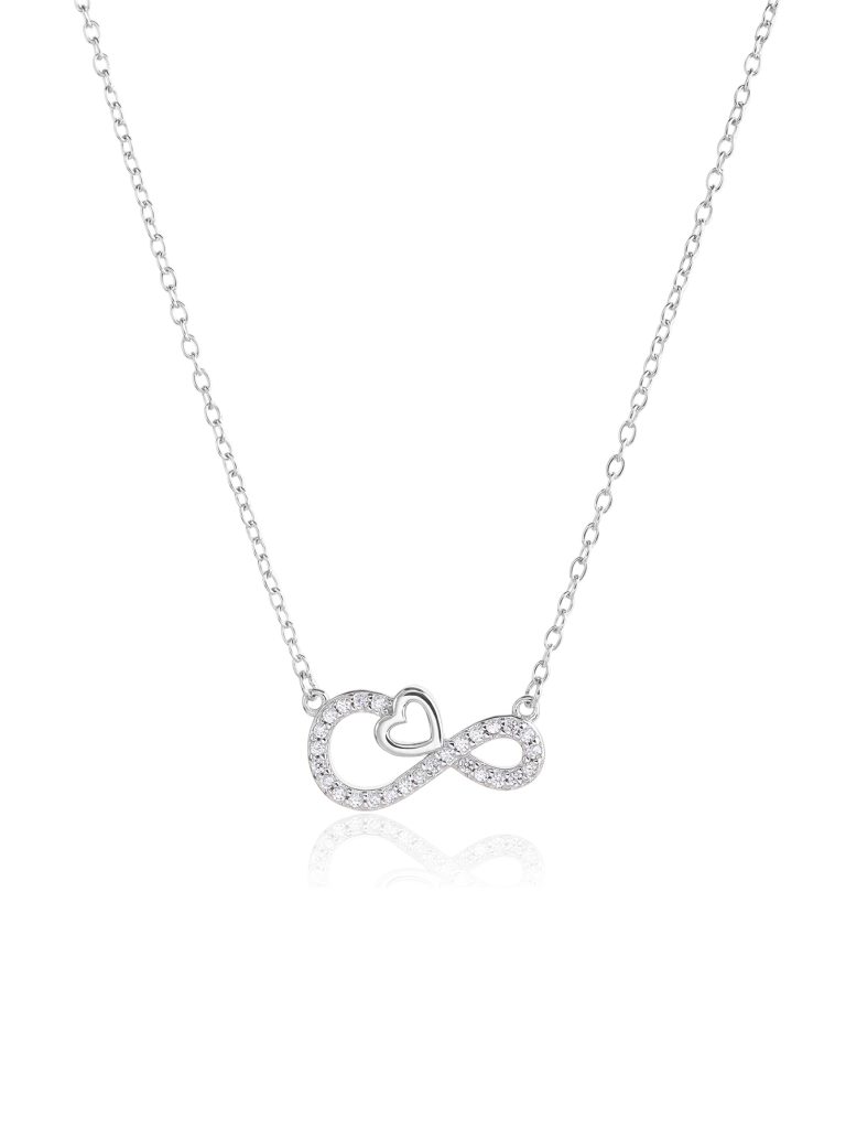 Silver necklace with zirconia stones in an infinity and heart design, rhodium-plated