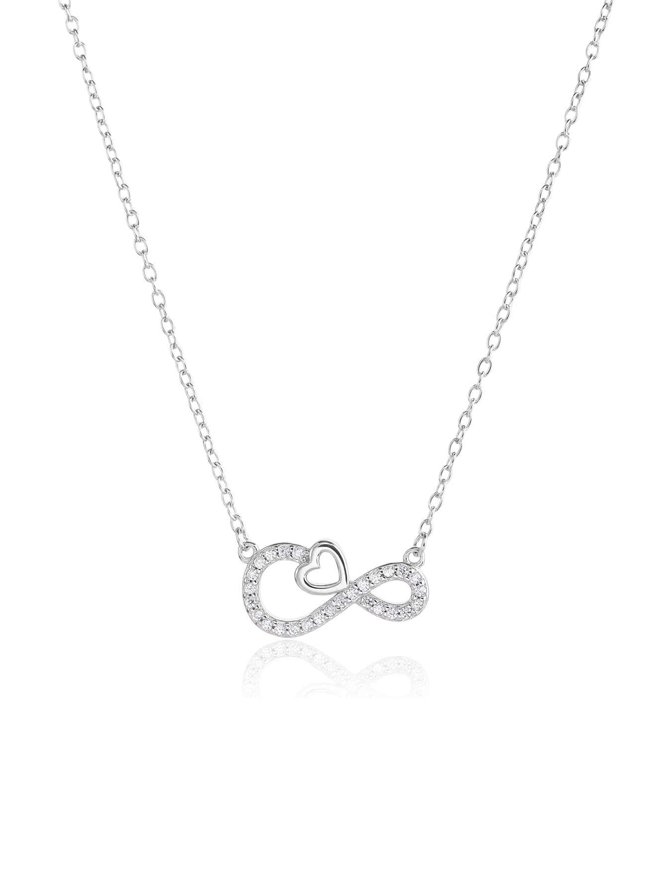 Silver necklace with zirconia stones in an infinity and heart design, rhodium-plated
