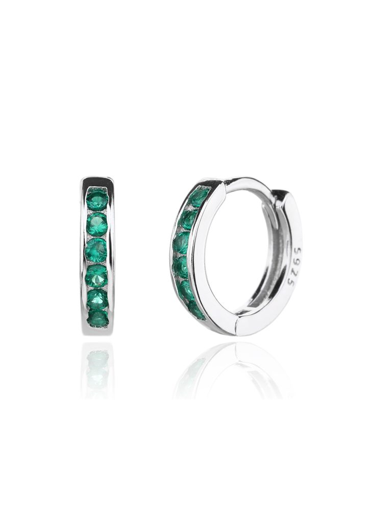 Silver hoop earrings with green zirconia, rhodium-plated