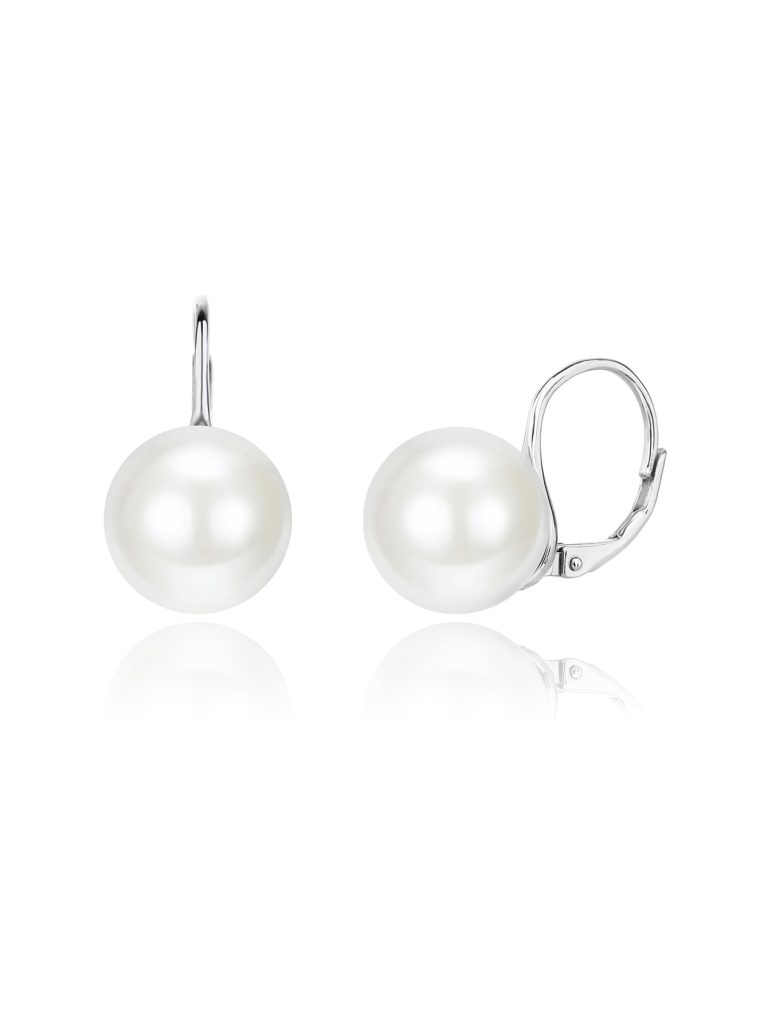 White Shell Pearl Earrings with Clasp, Made of AG 925 Silver with Rhodium Plating