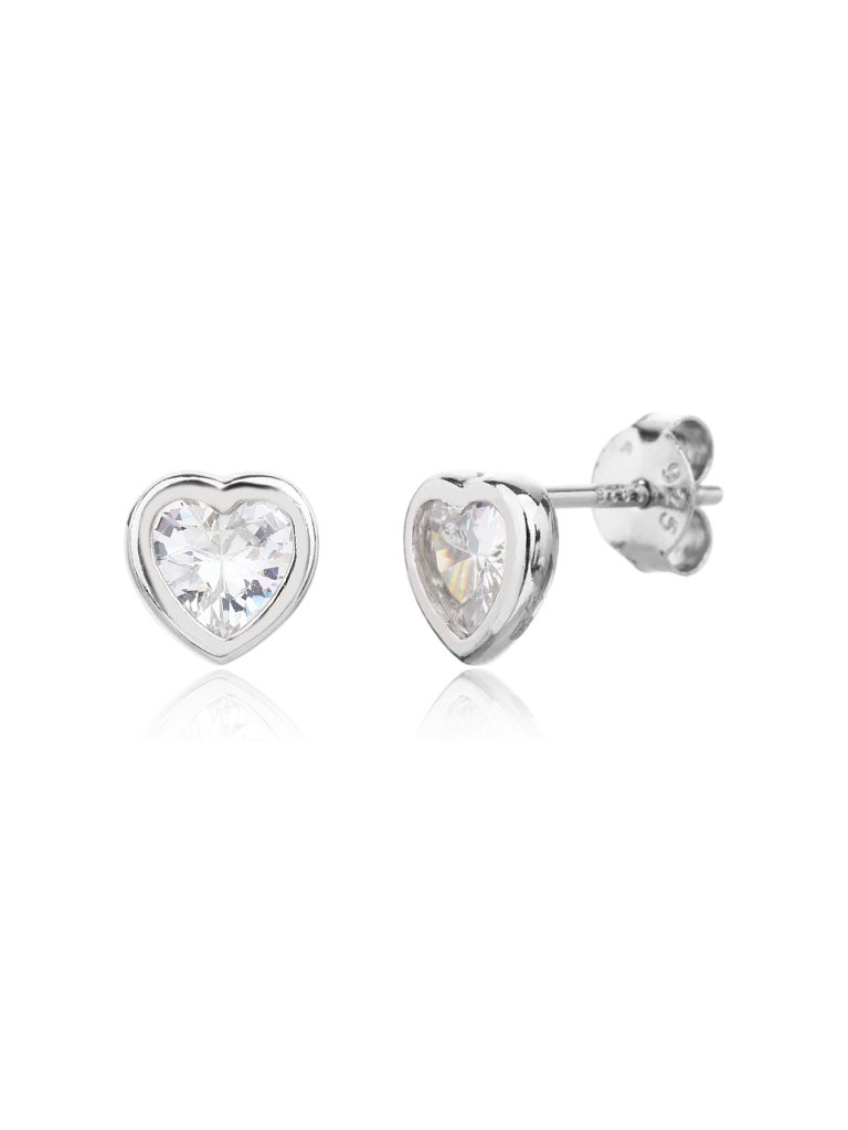 White heart-shaped stud earrings with cubic zirconia, made of rhodium-plated 925 sterling silver