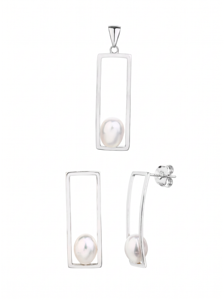 White cultured freshwater pearl jewelry set in rhodium-plated AG 925 silver