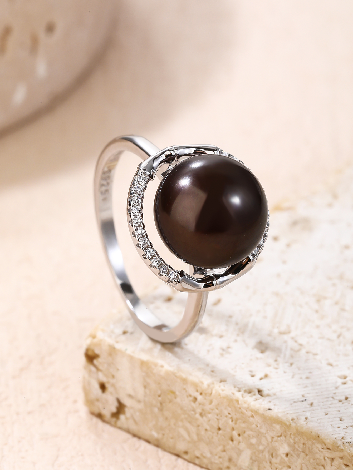 Black cultured freshwater pearl ring with cubic zirconia stones, made of rhodium-plated 925 sterling silver, size 2