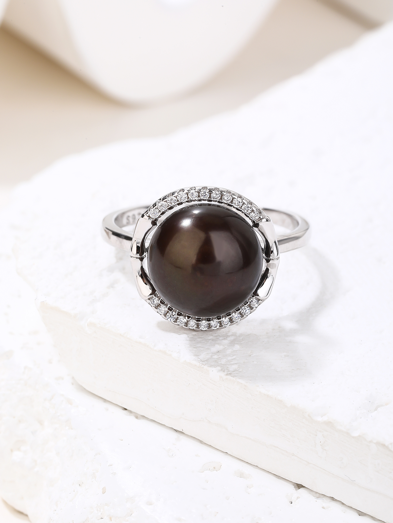 Black cultured freshwater pearl ring with cubic zirconia stones, made of rhodium-plated 925 sterling silver, size 3
