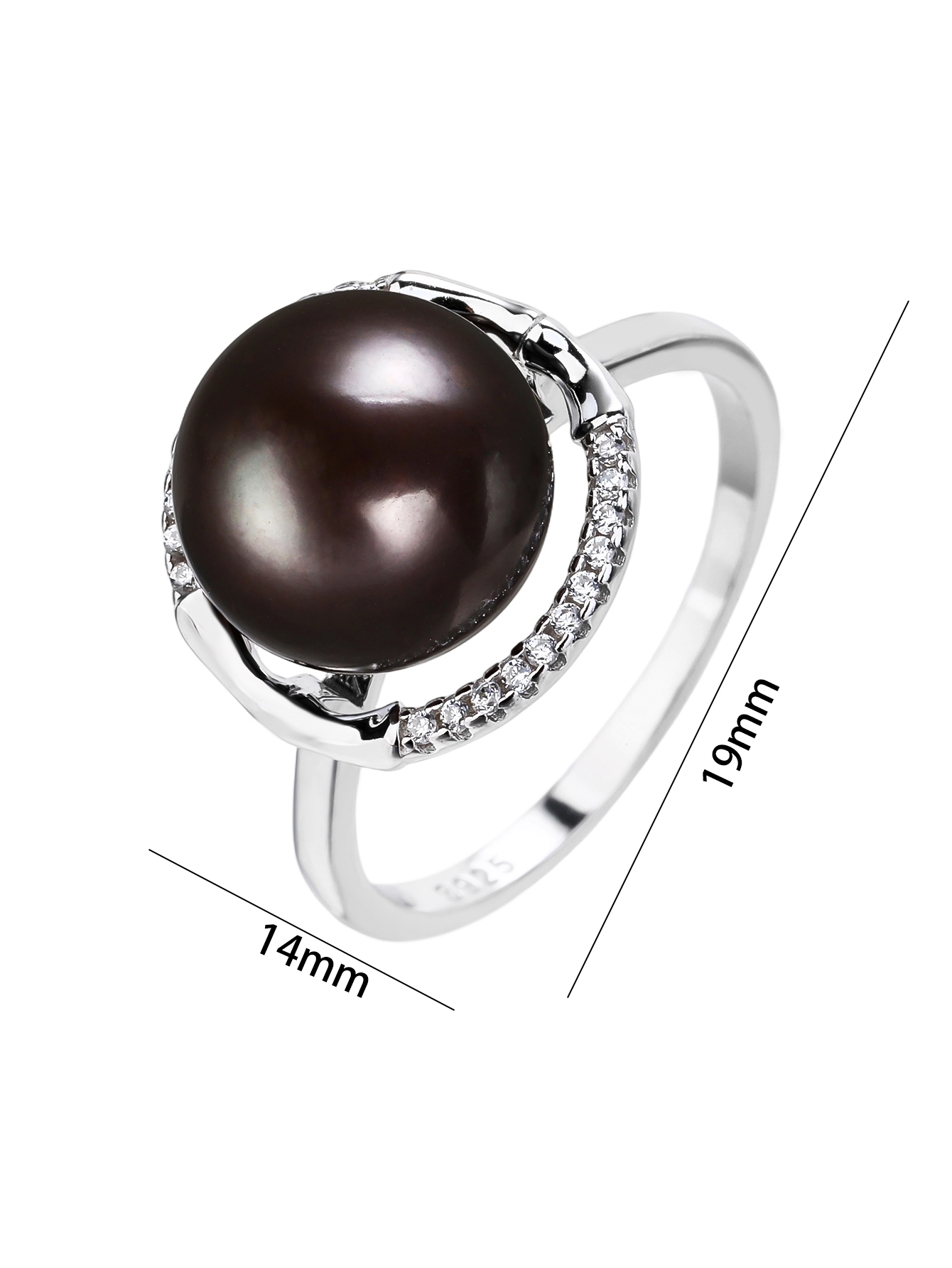 Black cultured freshwater pearl ring with cubic zirconia stones, made of rhodium-plated 925 sterling silver, size 5