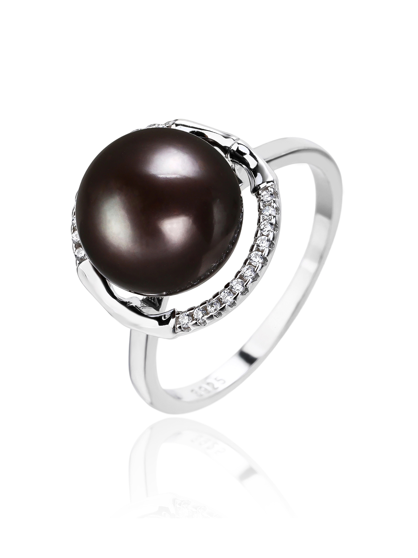 Black Cultured Freshwater Pearl Ring with Zirconia Stones, Made of AG 925 Silver with Rhodium Plating