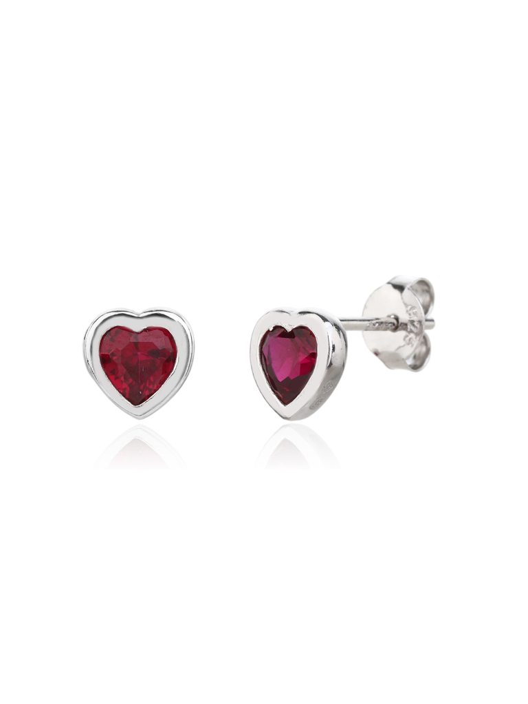 Red heart-shaped stud earrings with cubic zirconia set in rhodium-plated 925 sterling silver
