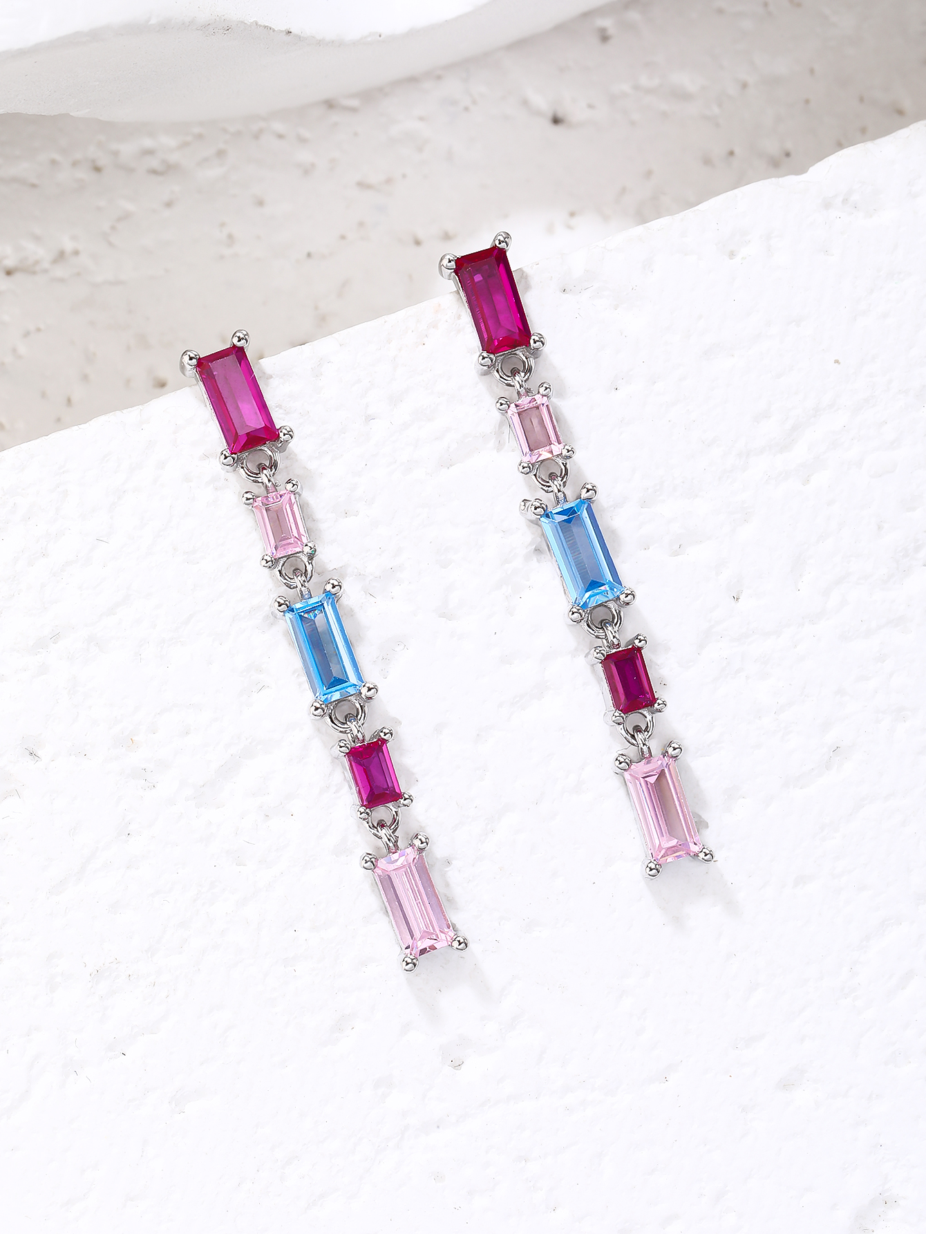 Colorful baguette-cut zirconia stud earrings in rhodium-plated AG 925 silver, 1 pair